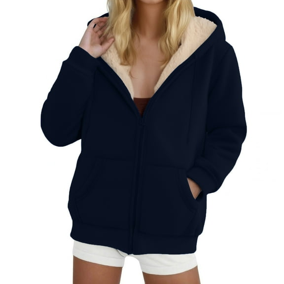 Gamivast Fleece Lined Jackets Women Zip up Oversized Winter Long Sleeve Hooded Fuzzy Coats with Pockets Casual Work Drawstring Outerwear Coats for Winter Cold Weather