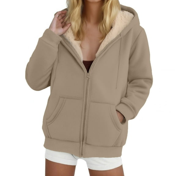 Gamivast Fleece Lined Jackets Women Zip up Oversized Winter Long Sleeve Hooded Fuzzy Coats with Pockets Casual Work Drawstring Outerwear Coats for Winter Cold Weather