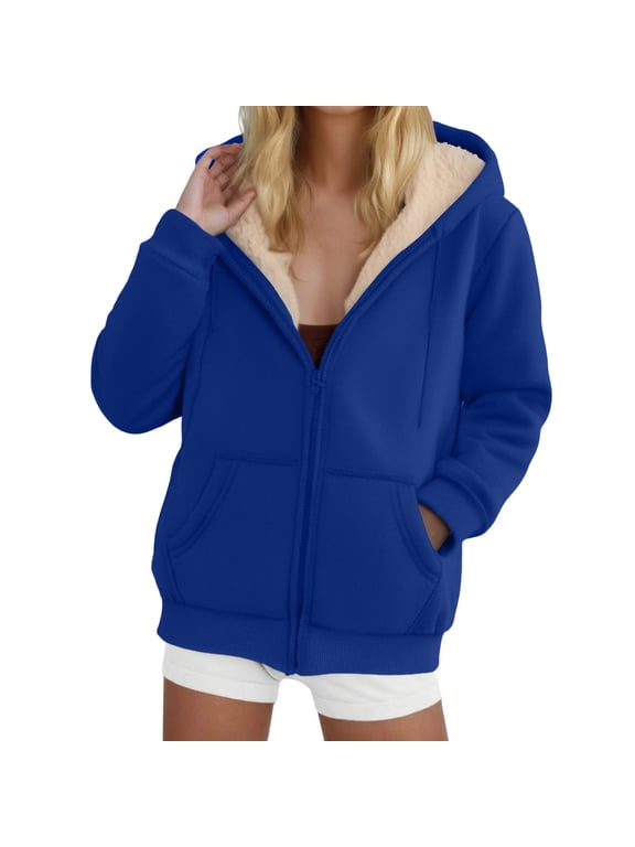 Fleece Lined Jackets Women Zip up Oversized Winter Long Sleeve Hooded Fuzzy Coats with Pockets Casual Work Drawstring Outerwear Coats for Winter Cold Weather