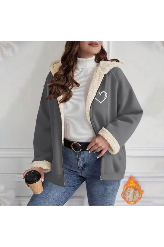 Fleece Lined Jackets for Women Casual Heart Hooded Zip up Winter Outerwear with Pockets Loose Long Sleeve Sherpa Coats Fall Fashion Outfits