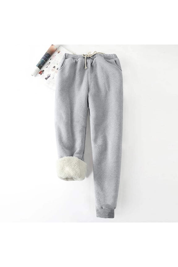 Fleece Lined Joggers Women with Pockets Thermal Drawstring Elastic Waist Pants Outdoor Winter Straight Leg Sweatpants Casual Comfortable Cuffed Pants Warm Clothes for Cold Weather