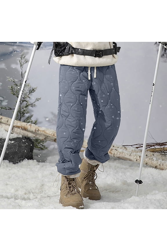 Fleece Lined Pants for Men Waterproof Quilted Winter Snow Ski Straight Leg Hiking Pants with Pockets Thermal Warm Elastic Waist Sweatpants Outdoor Drawstring Joggers