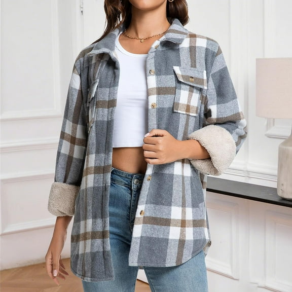 Gamivast Fleece Lined Shacket for Women Plaid Button Down Long Sleeve Winter Jackets with Chest Pockets Long Loose Stand Collar Warm Coats Fall Trendy Outerwear 2025