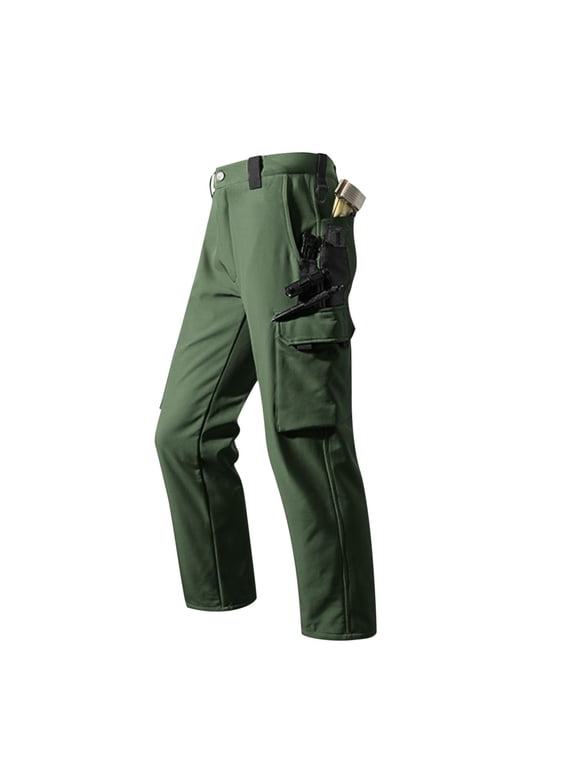 Fleece Lined Tactical Pants Men Outdoor Hiking Straight Leg Cargo Sweatpants with Pockets Casual Loose Button Military Pant Winter Breathable Construction Work Pants