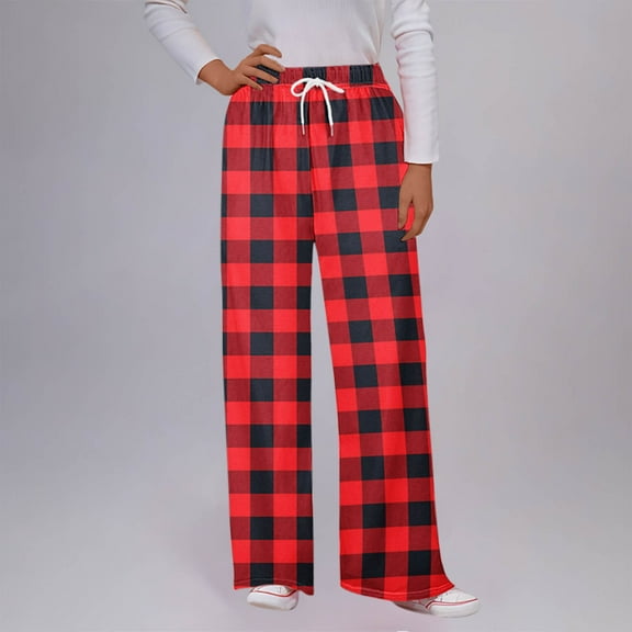 Gamivast Checkered Pants Women Lounge Baggy Drawstring Elastic Waist Pants with Pockets Casual Travel Wide Leg High Waisted Sweatpants Running Athletic Pant