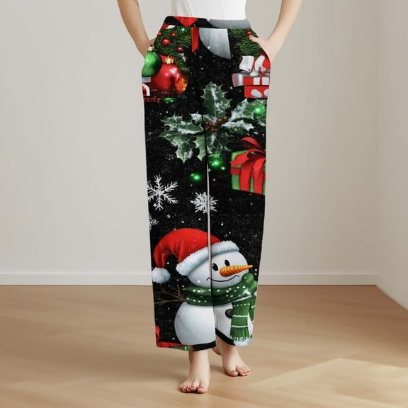 Gamivast Fleece Pajama Pants Women Christmas Graphic Straight Leg Flannel Pants Loungewear Elastic Waist Pull on Sweatpants with Pockets Holiday Party Joggers Christmas Clothing