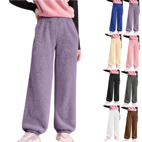 Gamivast Fleece Pants for Kids Girls Fuzzy Straight Leg Warm Winter Pants Loose Casual Elastic Waist Pull on Sweatpants Loungewear Long Cuffed Pants for 5-15 Years Old