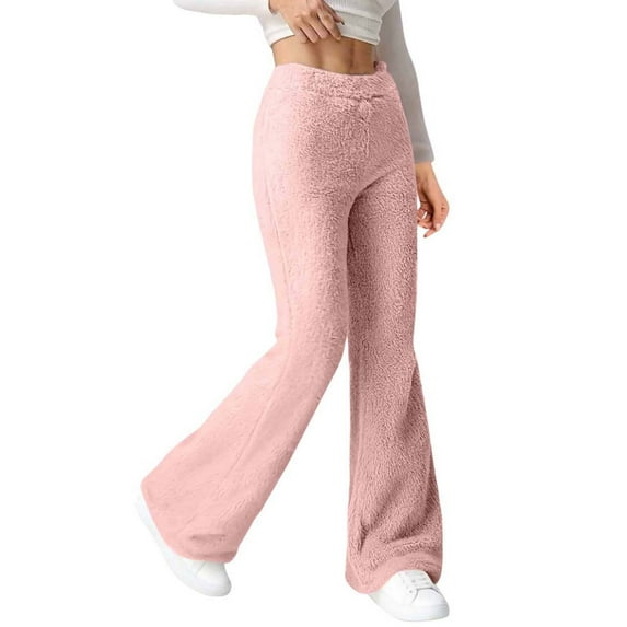 Gamivast Fleece Pants for Women Comfortable Elastic Waist Flared Pant Casual Fitted Straight Leg Trousers Winter Warm Solid Color Sweatpants Fuzzy Trousers
