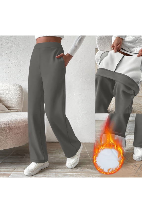 Fleece Pants Women with Pockets Baggy Straight Wide Leg Sweatpants Winter Thermal Open Bottom High Waisted Warm Joggers Hiking Outdoor Pull On Pants