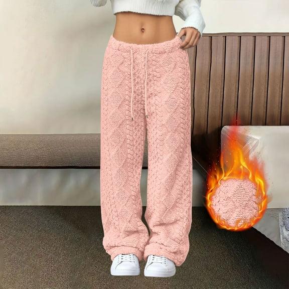 Gamivast Fleece Pants for Women Winter Warm Wide Leg Sweatpants Casual Drawstring Open Bottom Joggers Casual Comfortable Elastic Waist Solid Pajama Pants