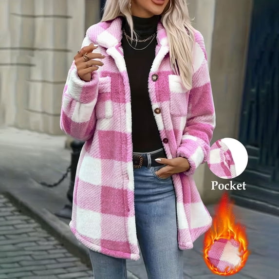 Gamivast Fleece Shacket for Women Plaid Casual Long Sleeve Button Down Shirts Jacket Warm Winter Fall Outerwear Sherpa Coat with Pockets for Daily Wear