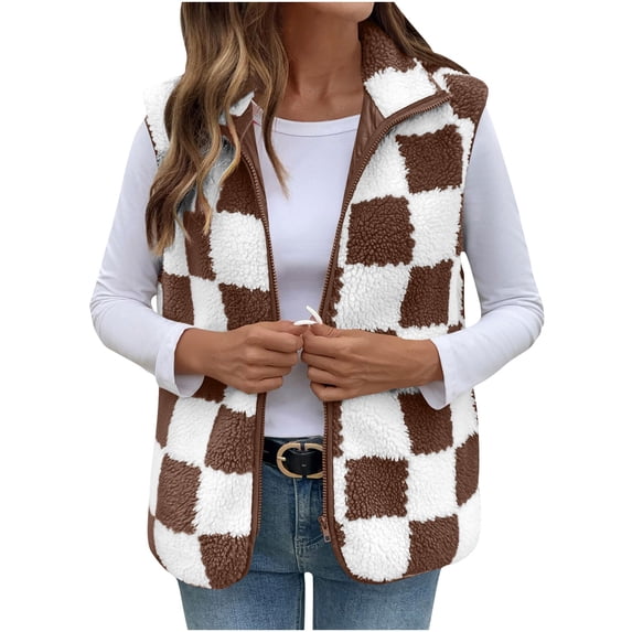 Gamivast Fleece Vest for Women Sherpa Checkered Plaid Zip up Sleeveless Jacket Stand Collar Warm Fuzzy Cardigan Gilet Casual Winter Outerwear for Layering Outdoor S