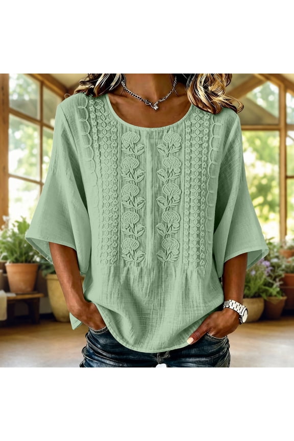 Floral Embroidered Shirts for Women 3/4 Bell Sleeve Boho Blouses Casual Round Neck Flowy Tops Lightweight Vintage Peasant Tunic Dressy Everyday Wear Green XXL