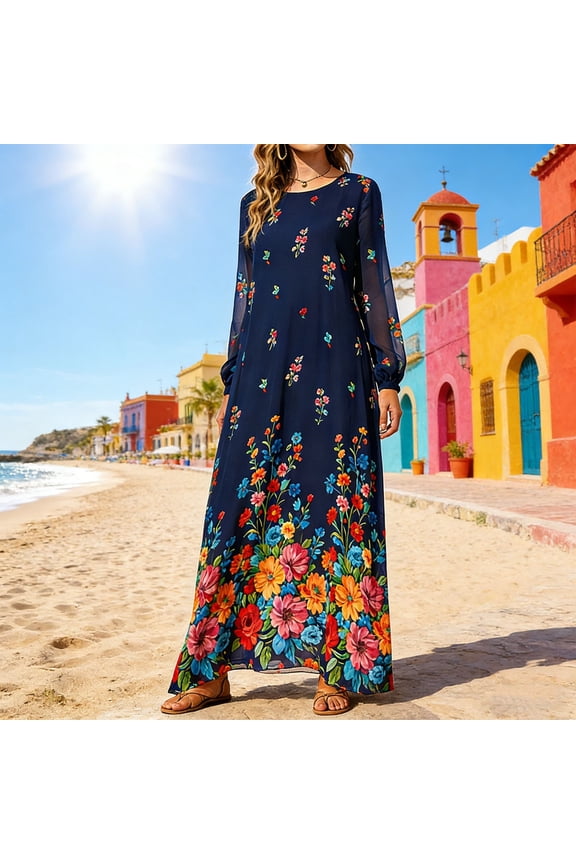 Floral Maxi Dress for Women Crew Neck Long Dress Long Sleeve Flowy Dress Vibrant Bottom Flower Print for Wedding Guest Beach Party