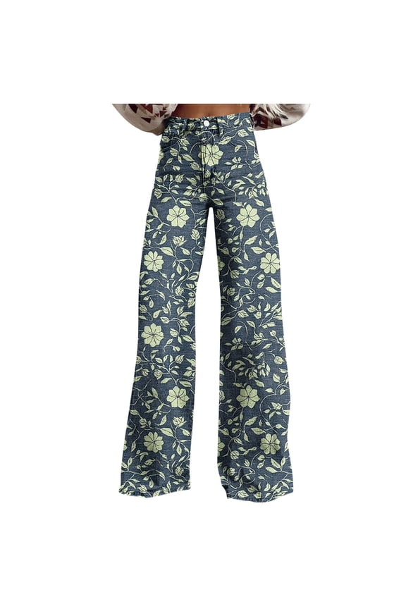 Floral Pants Women High Waist Button Fly Daisy Flower Print Denim Pants Straight Leg Wide Leg Pants Breathable Soft Comfy Retro 70S Party Wear