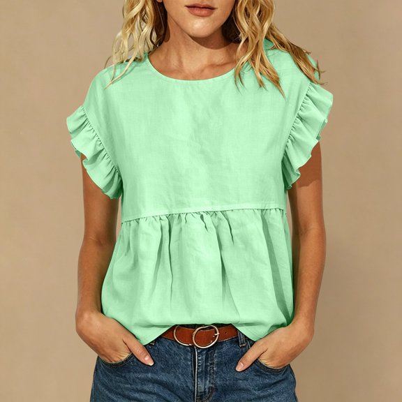 Gamivast Flutter Short Sleeve Shirts for Women Crewneck Ruffle Trim Blouses Casual Loose Fit Peplum Tunic Tops Flowy Babydoll Summer Basic Tees for Daily Wear Green XL