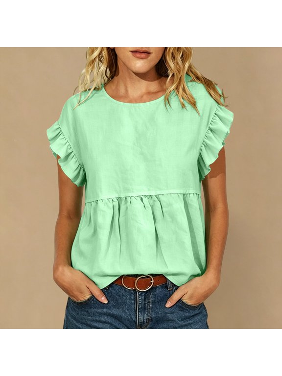 Flutter Short Sleeve Shirts for Women Crewneck Ruffle Trim Blouses Casual Loose Fit Peplum Tunic Tops Flowy Babydoll Summer Basic Tees for Daily Wear Green M