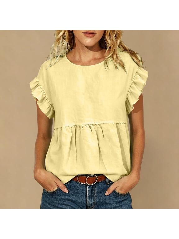 Flutter Short Sleeve Shirts for Women Crewneck Ruffle Trim Blouses Casual Loose Fit Peplum Tunic Tops Flowy Babydoll Summer Basic Tees for Daily Wear Yellow XXL