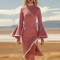 thumbnail image 1 of Gamivast Formal Dress for Women Long Bell Sleeve Midi Dress Slim Fit Cocktail Dress Mock Neck High Slit Contrast Trim Elegant Evening Party Wear, 1 of 4