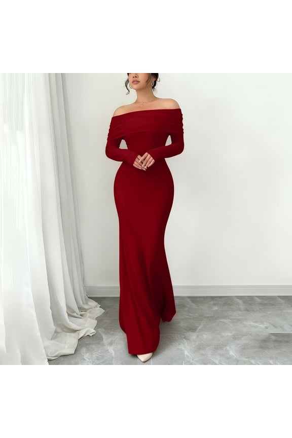 Formal Dresses for Women Off The Shoulder Long Sleeve Bodycon Maxi Dress Elegant Classy Evening Gown Party Attire Special Event Outfits Style