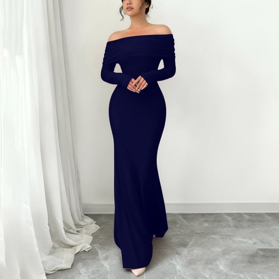 Gamivast Formal Dresses for Women Off The Shoulder Long Sleeve Bodycon Maxi Dress Elegant Classy Evening Gown Party Attire Special Event Outfits Style