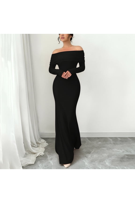 Formal Dresses for Women Off The Shoulder Long Sleeve Bodycon Maxi Dress Elegant Classy Evening Gown Party Attire Special Event Outfits Style