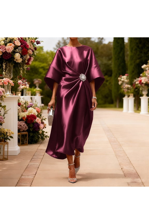Formal Dresses for Women Flare Sleeve Maxi Dress Round Neck Evening Dress Satin Fabric Ruched Waist With Brooch Elegant Classy Gowns