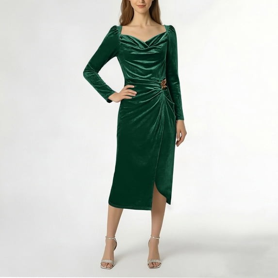 Gamivast Formal Dresses for Women Long Sleeve Square Neck Velvet Ruched Midi Dress High Slit Solid Evening Dress Elegant Wedding Guest Cocktail Party