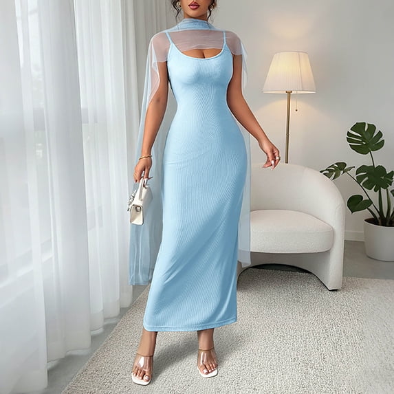 Gamivast Formal Dresses for Women Maxi Dress Round Neck Sleeveless Bodycon Dress Ribbed Texture With Cape Mesh Wrap Evening Gala Party