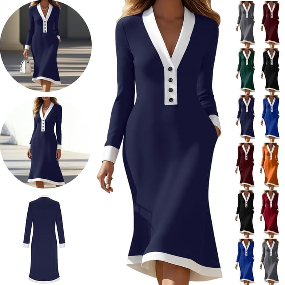 Gamivast Formal Dresses for Women Slim Fit Midi Dress V-Neck Long Sleeve Elegant Dresses Contrast Color Button Trim Professional Office Work