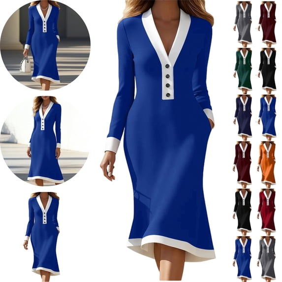 Gamivast Formal Dresses for Women Slim Fit Midi Dress V-Neck Long Sleeve Elegant Dresses Contrast Color Button Trim Professional Office Work
