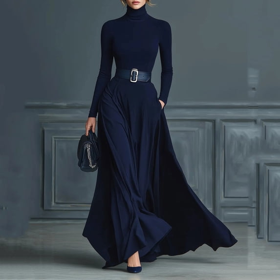 Gamivast Formal Dresses for Women Turtleneck Long Sleeve Bodycon Maxi Dress With Belt Elegant Classy Evening Gown Professional Office Party Outfits
