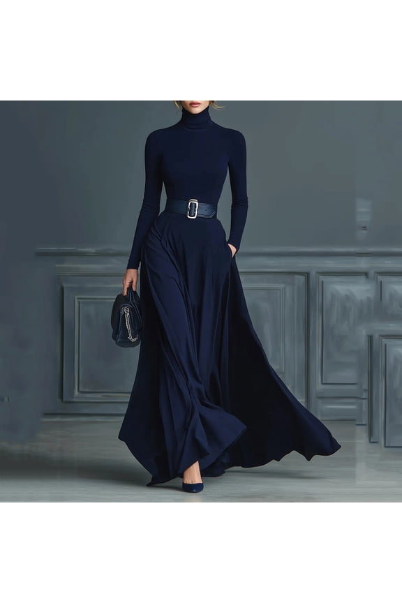Formal Dresses for Women Turtleneck Long Sleeve Bodycon Maxi Dress With Belt Elegant Classy Evening Gown Professional Office Party Outfits