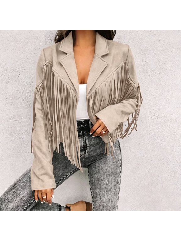 Fringe Jacket for Women Faux Suede Western Coat Long Sleeve Lapel Collar Tassel Outerwear Casual Cropped Moto Biker Fall Jackets