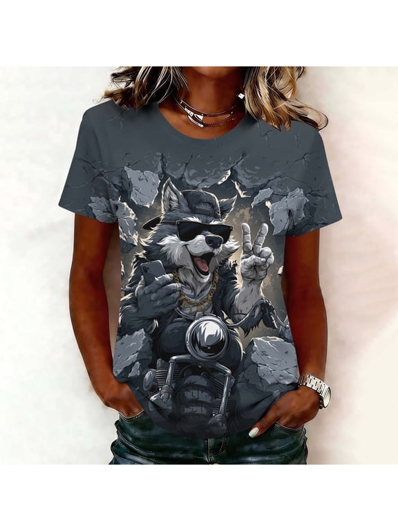 Funny Cool Wolf Biker Graphic Tees for Women Animal Print T-Shirts Short Sleeve Crew Neck Casual Summer Tops Novelty Holiday Blouses Everyday Shirts Multicolor XXL