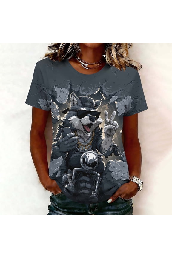 Funny Cool Wolf Biker Graphic Tees for Women Animal Print T-Shirts Short Sleeve Crew Neck Casual Summer Tops Novelty Holiday Blouses Everyday Shirts Multicolor M