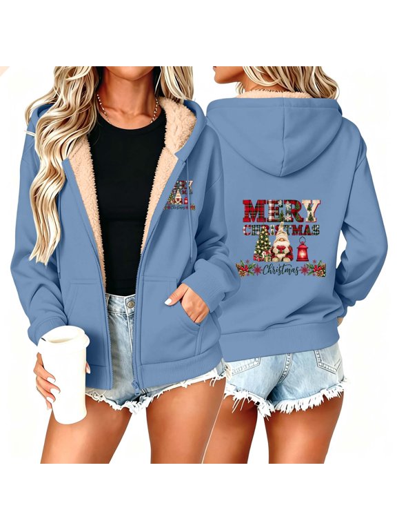 Funny Graphic Sweatshirt for Women Zip up Winter Warm Sherpa Lined Hoodie Casual Fleece Jacket Holiday Festival Outerwear