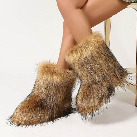 Gamivast Furry Boots Ankle Length Comfortable Platformed Flat Heel Booties with Anti-Slip Trendy Fuzzy Slip-On Winter Warm Soft Round Toe Shoes Fashion Cozy Boot for House Indoor Streetwear