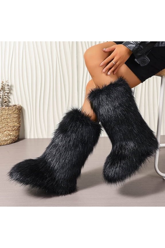 Furry Boots Knee High Winter Warm Soft Slip-On Flat Heel Booties with Anti-Slip Trendy Fuzzy Platformed Round Toe Shoes Casual Y2K Cozy Boot for Outdoor Indoor
