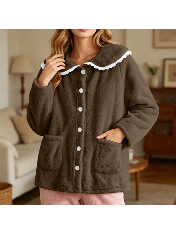 Fuzzy Fleece Cardigan Jacket for Women Button Down with Lace Trim Peter Pan Collar Warm Winter Loungewear Cozy Casual Sleepwear Top with Pockets XXL