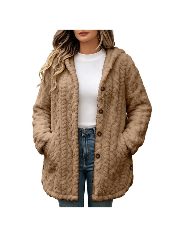 Fuzzy Fleece Coat for Women Hooded Cable Knit Textured Winter Warm Jacket Button Down Long Sleeve Sherpa Outerwear with Pockets