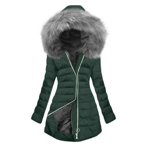 Gamivast Fuzzy Fleece Jackets for Women Quilted Long Detachable Faux Fur Collar Zip up Hoodies Winter Warm Long Sleeve Thermal Outerwear Loose Casual Coats