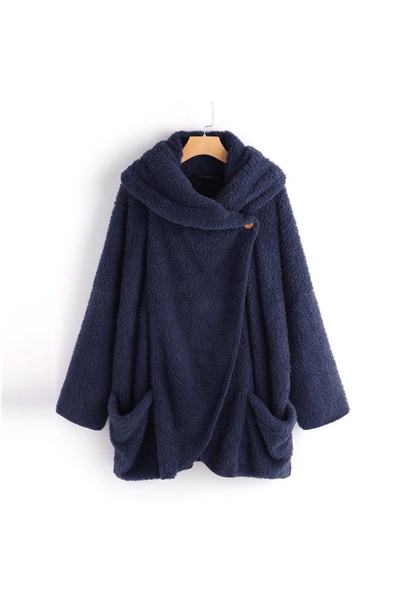 Fuzzy Fleece Jackets for Women Warm Hooded One Button Stylish Jackets Lounge Winter Coats Long Sleeve Casual Loose Outerwear with Pockets Womens Long Winter Coat with Hood