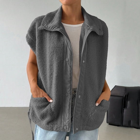 Gamivast Fuzzy Fleece Vest Women Button Down Oversized Sleeveless Sherpa Jackets with Pockets Casual Loose Stand Collar Outerwear Drawstring Hem Jackets