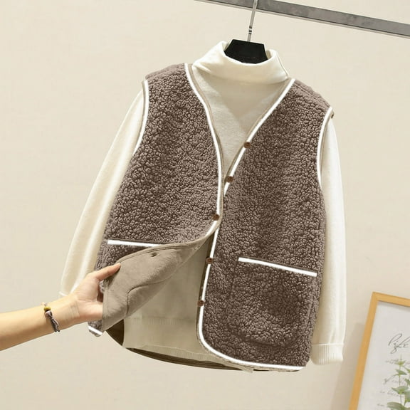 Gamivast Fuzzy Fleece Vest Women Plus Size Lightweight Button Down Sleeveless Sherpa Jackets with Pockets Winter Warm V-Neck Outerwear Fall Fashion Outfits