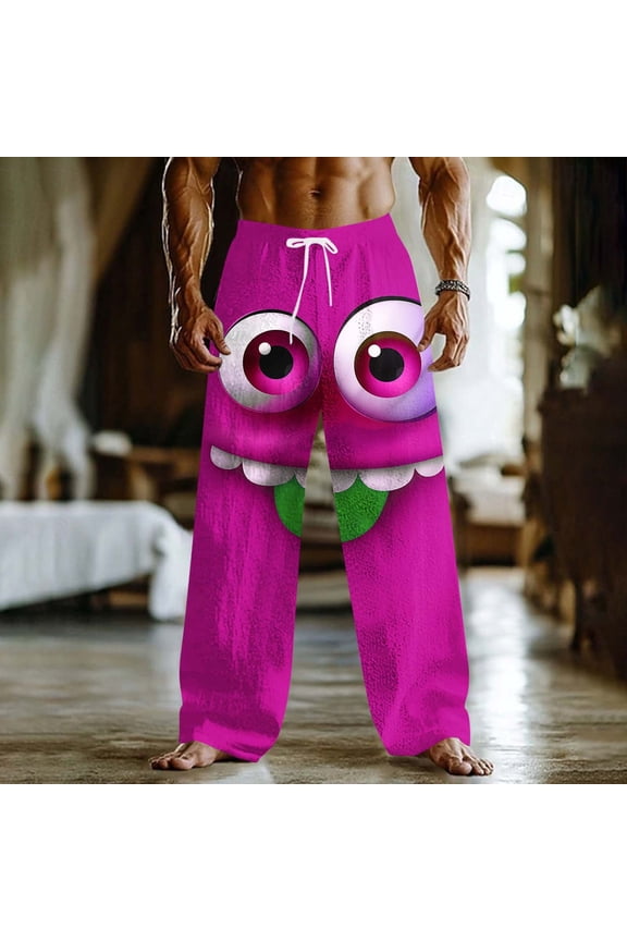 Fuzzy Pajama Pants Men Drawstring Elastic Waist Monster Graphic Print Pajama Pants Soft Warm Sleepwear Sleep Pants Novelty Lounge Outfits