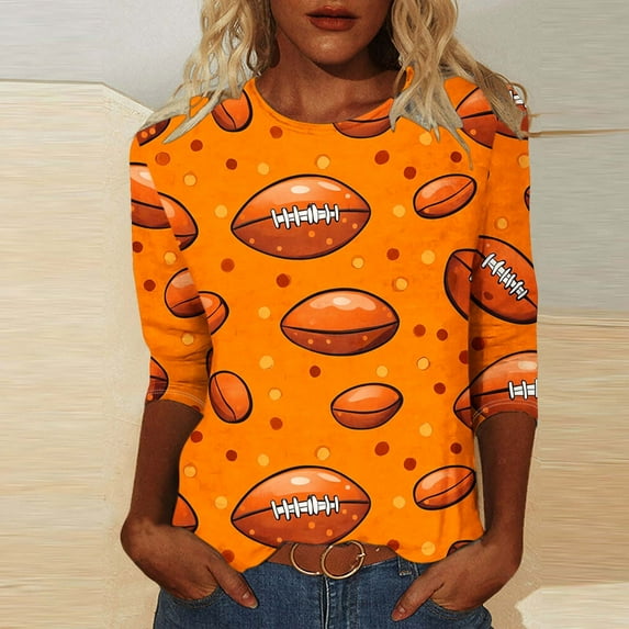 Gamivast Game Day Shirts Women Football Plus Size 3/4 Sleeve Football Graphic Shirt Vintage Soft Crewneck Tunic Top Funny Superbowl Outfits 2026