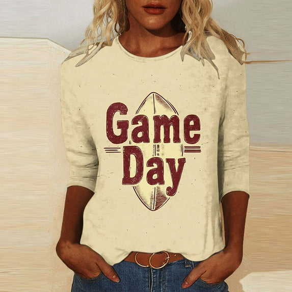 Gamivast Game Day Shirts Women Football Plus Size 3/4 Sleeve Football Graphic Shirt Vintage Soft Crewneck Tunic Top Funny Superbowl Outfits 2026