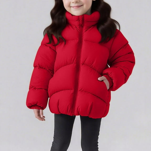 Gamivast Girl Puffer Jacket Size 1-8 Lightweight Stand Collar Zip up Winter Down Coats with Ear Hood Casual School Cuffed Long Sleeve Padded Outerwear for Kids Toddler