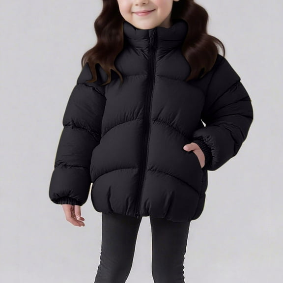 Gamivast Girl Puffer Jacket Size 1-8 Lightweight Stand Collar Zip up Winter Down Coats with Ear Hood Casual School Cuffed Long Sleeve Padded Outerwear for Kids Toddler